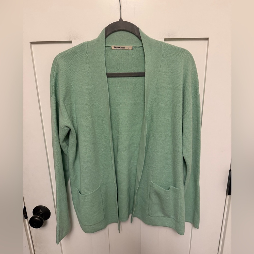 WoolOvers Green Open Front Cardigan Patch Pockets Wool Cotton Blend Medium